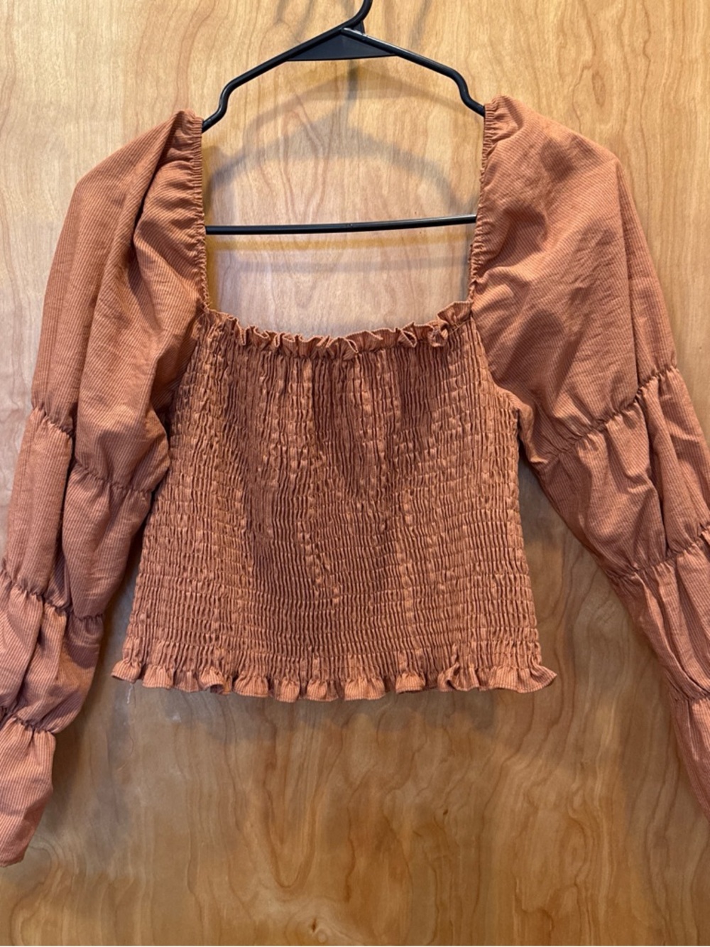 Smocked Square Neck Long Sleeve Top in Rust